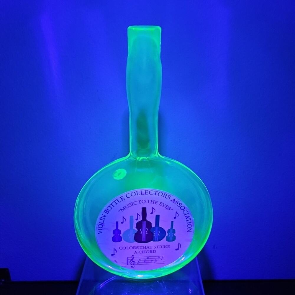 Vaseline Uranium Glass Bottle Round Violin or Cello Bud Vase - Pairpoint Mark
